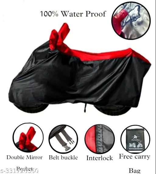 Rakku® Presents 100% Waterproof, Dirt & DustProof Bike/Scooty/Motorcycle Cover For Bajaj Pulsar 125 Neon/150/180/200 NS with Premium Polyester Fabric (Black/Red) also Suitable for all Indian Bikes & Scooty