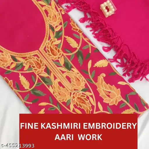 KASHMIRI HAND EMBROIDERY AND AARI MACHINE WORK SUIT WITH DUPATTA. Unstitched Dress Material Winter Suit