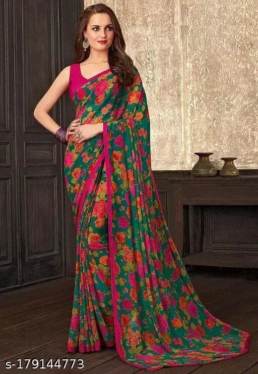 Georgette Green Saree With Blouse
