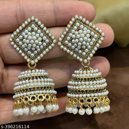 ONE ELEVEN Traditional Ethnic Fancy Pearl Studded Black Oxidized Jhumka Jhumki Earrings for Girls and Women