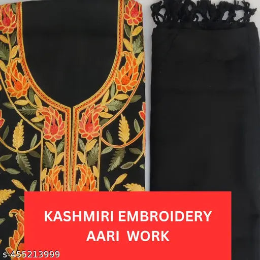 KASHMIRI HAND EMBROIDERY AND AARI MACHINE WORK SUIT WITH DUPATTA. Unstitched Dress Material Winter Suit