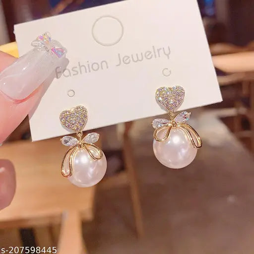 Earrings For Girls AD studded Heart Pearl Drop Earrings For Women Girls