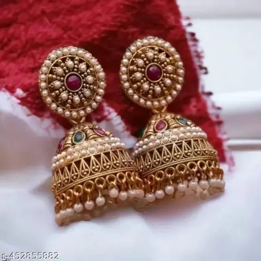 Traditional Jewellery Ethnic Fancy Pearl Studded Gold Platted Oxidised Jhumka Earrings for Girls and Women