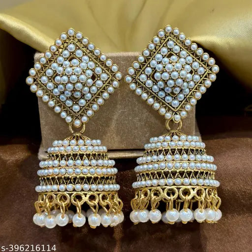 ONE ELEVEN Traditional Ethnic Fancy Pearl Studded Black Oxidized Jhumka Jhumki Earrings for Girls and Women