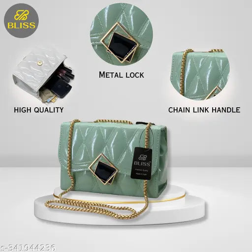 Stylish Quilted Pu Sling Bag With Chain Strap For Women And Girls (Mint Green)
