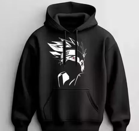 Trendy anime print black hoodie for men winter warmer sweatshirt
