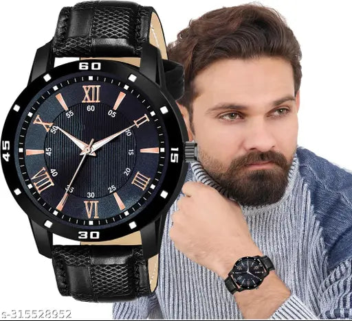 Stylish classic premium leather watch with king bracelet combo of 2 for boys & mens