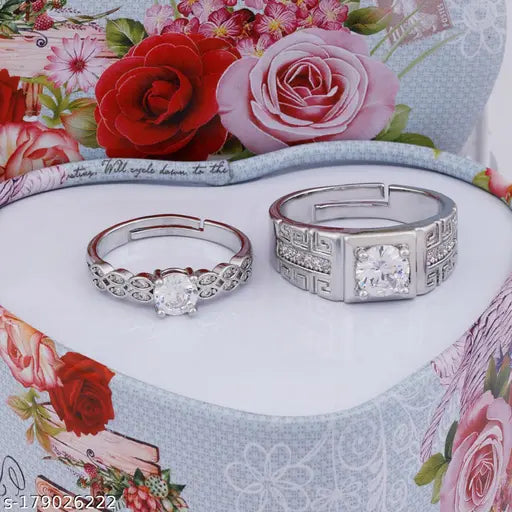 Solitaire Adjustable Speical Couple Ring Set Diamond Stylish Wedding Engagement Valentine Gift Silver Plated Ring For Women And Men
