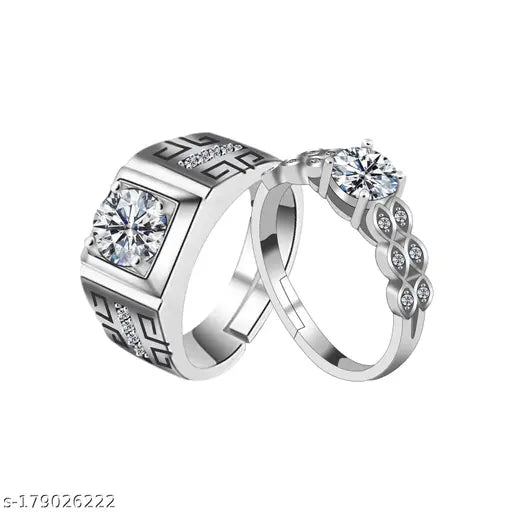 Solitaire Adjustable Speical Couple Ring Set Diamond Stylish Wedding Engagement Valentine Gift Silver Plated Ring For Women And Men