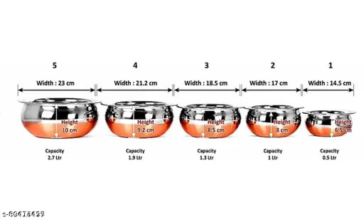 Dharma Stainless Steel Copper Bottom Handi Set of 5 Piece with lid Kitchen Serving, Cooking Bowl with Lid, Pot and Pen with Lid, Panjabi Handi Set with Lid