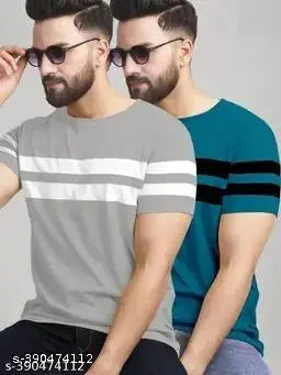 Men Striped Round Neck Polyester Yellow T-Shirt