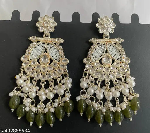 Traditional Gold Plated Kundan Pearl with Mehandi Beads Drop Earring for Women and Girls